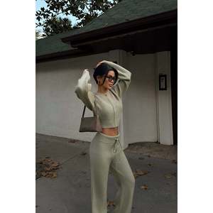 Khaki Zaria <b>Knit</b> <b>Set</b> Autumn Casual Woolen Hooded Collar Printed Pattern with Embroidered Technics - Product Image 2