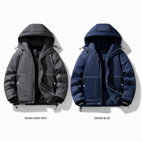 Manteau d'hiver matelassé et isolé en faux denim épais avec capuche, coupe-vent, fermeture éclair, décontracté, avec surpiqûres contrastées, en polyester pour homme