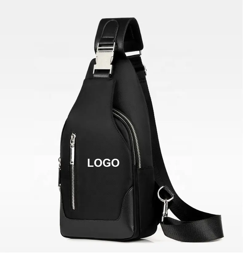 Custom black polyester pu metal zipper men waterproof chest sling bag shoulder crossbody bag