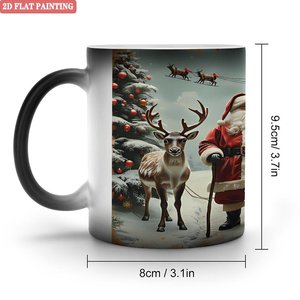Mug en céramique noir givré 11oz, tasse magique changeant de couleur à la chaleur, design de Noël Père Noël et rennes, peinture plate 2D - Product Image 1