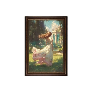 Charming Pink Dress Girl Art Print Pintura a óleo com moldura Romantic Country Style Canvas Wall Decor para espaços interiores - Product Image 1