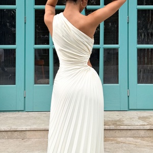 Custom Women One Shoulder Pleated Maxi <b>Dress</b> Waist Cutout Asymmetrical Hem Evening Party Wedding Guest Gown - Product Image 4