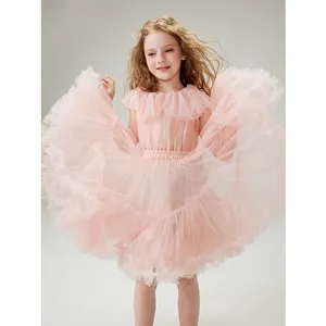 knee length latest design kids clothing simple evening gown ruffled fluffy flower girls tulle wedding dress for 3-12 years child