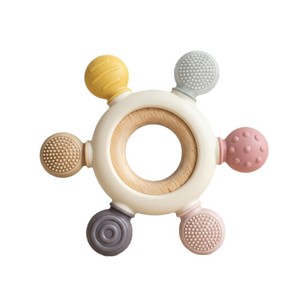 Anneau de dentition pour bébé en silicone de qualité alimentaire, jouet de dentition en bois, balle apaisante à saisir, apprentissage précoce éducatif - Product Image 1