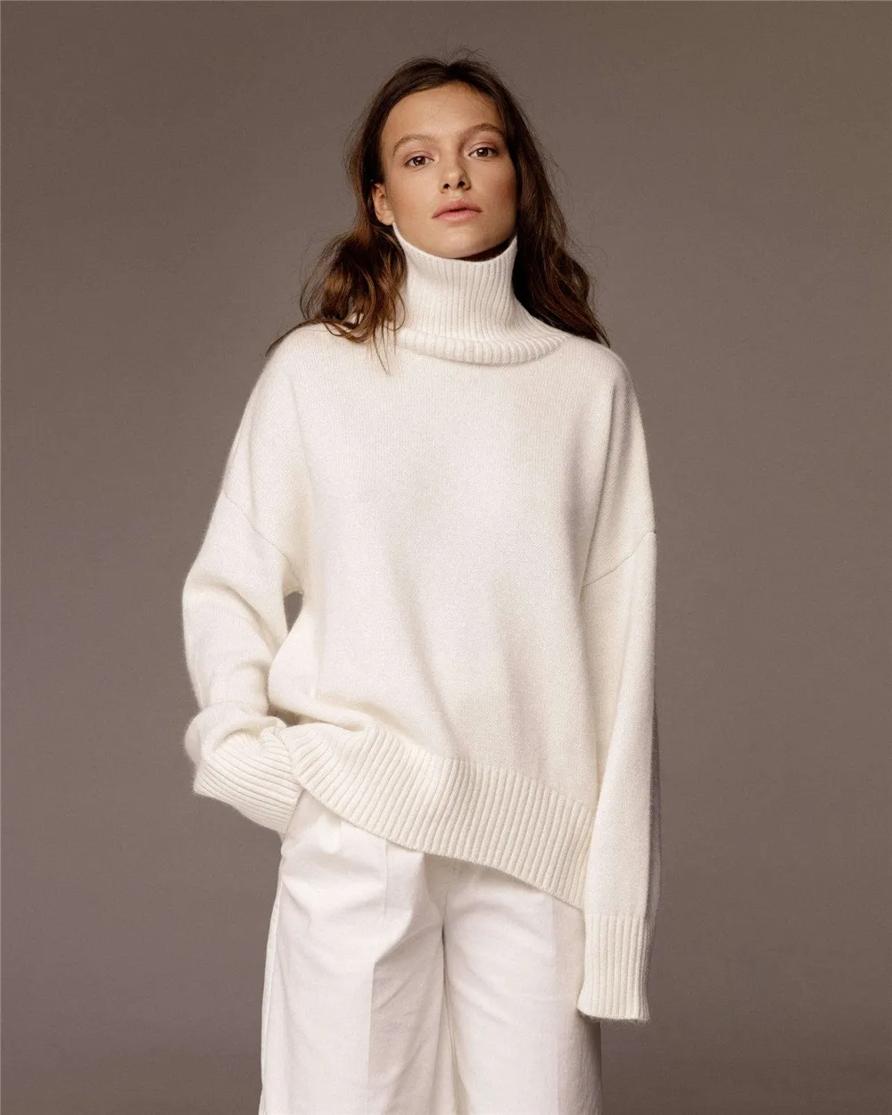 100% Cashmere Women's Turtleneck Top Sweater Pullover Winter Knit Custom Turtle Neck Polyester Cotton Wool Cashmere Sweater