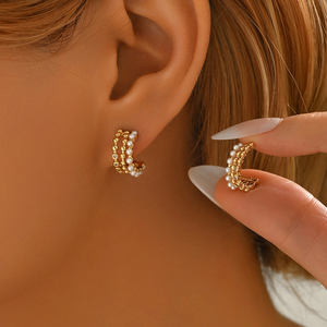 Women's Trendy <b>Charming</b> Copper <b>Hoop</b> <b>Earrings</b> C-Shape Design with Perfect Imitation Pearl Pierced Fashion Accessories Gift - Product Image 1