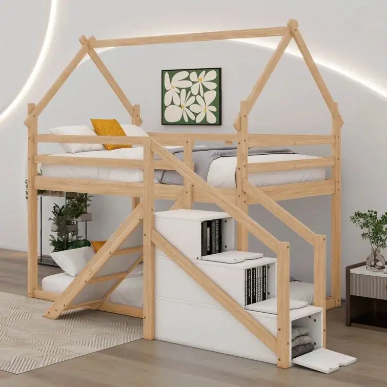 Muebles de dormitorio personalizados, litera de madera con tobogán y techo, literas para niños