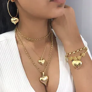 Hot Selling Fashion Jewelry Manufacturer Gold Heart Women's Love Layered Necklace Bracelet Bangles Earring Jewelry Set