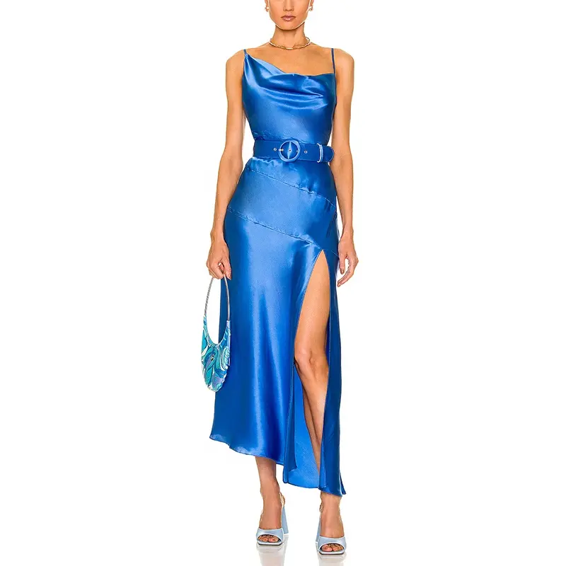 Vestito da corsetto da balcone con drappeggio in raso blu all'ingrosso vestito da Club Sexy con cintura aderente con spacco da donna