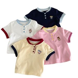 Baby Girls Cotton Henley Collar Short Sleeve T-Shirt Breathable Color Block Summer Top - Product Image 4