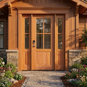 Porte d'entrée en bois massif American Craftsman avec 4 panneaux vitrés, 2 panneaux latéraux vitrés et serrure intelligente - Product Image 4