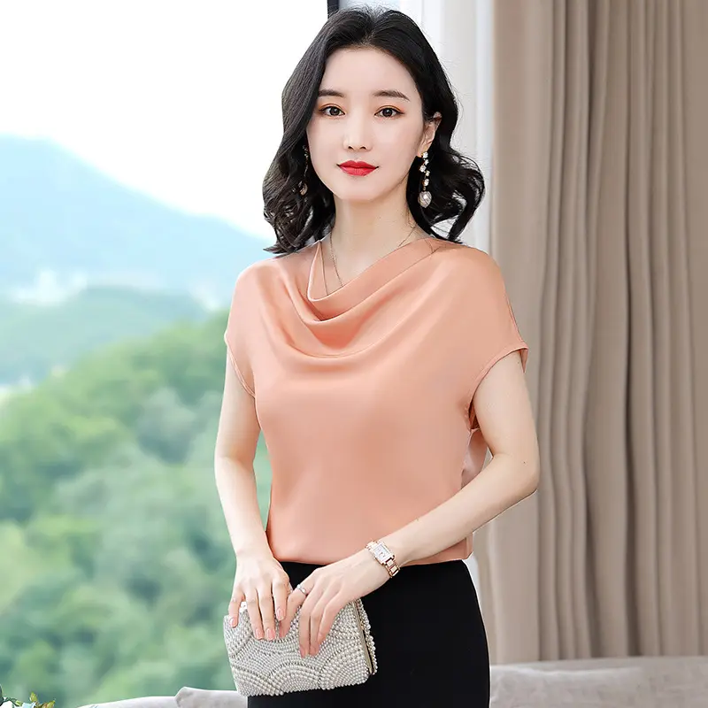 Luxury Women's Blouse Tops Summer New Korean Fashion Short Sleeve Solid Color Loose Satin Tops for Women