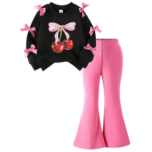 Ensemble 2 pièces pour petite <span class=keywords><strong>fille</strong></span> Printemps-Automne : Sweat-shirt doux à motif cerise et nœud mignon & Pantalon évasé élastique – Vente en gros - Product Image 4