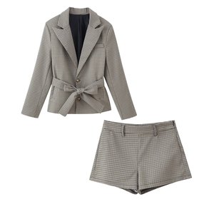 Ensemble chemise et <span class=keywords><strong>short</strong></span> élégant pour <span class=keywords><strong>femme</strong></span>, tendance automne, à carreaux, à motif <span class=keywords><strong>pied</strong></span>-<span class=keywords><strong>de</strong></span>-<span class=keywords><strong>poule</strong></span>, amincissant, longueur genou, avec nœud - Product Image 6