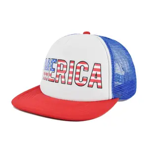 FF931 America Printed Adjustable Flat Bill Trucker Hat Foam Hip Hop Dance Hat Mesh 5 Panel Snapback Baseball Cap