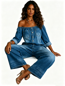Combinaison <span class=keywords><strong>en</strong></span> <span class=keywords><strong>jean</strong></span> délavé à épaules dénudées pour femme, sexy, boutonnée, style streetwear, moulante, tenue une pièce tendance - Product Image 2