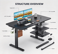 Bureau debout électrique avec crochet pour casque et crochet pour sac, réglable en hauteur, pour double moniteur, bureau à domicile