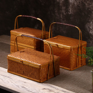 Japanese-style bamboo woven retro multi-layered food <b>basket</b>, Chinese retro wedding <b>basket</b>, portable <b>storage</b> box/mooncake <b>basket</b>. - Product Image 1