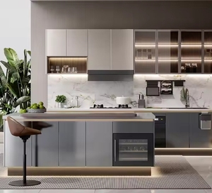Gabinetes de Cocina Modernos y Lujosos Personalizados, Lacado Metálico Gris Dorado de Alto Brillo, MDF, Vidrio, Isla Abierta, Diseño Paralelo - Product Image 4