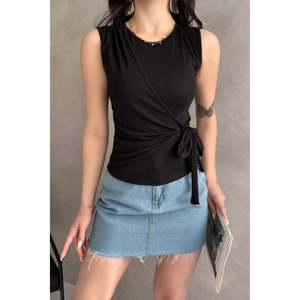 Elegant Women's Knitted Sleeveless Tank <b>Top</b> With Wrap Front <b>Tie</b> Detail Black - Product Image 1