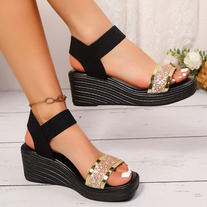 Nouvelles sandales compensées élastiques à paillettes pour femmes, style européen et américain, à plateforme et semelle épaisse, pour l'été - Product Image 1