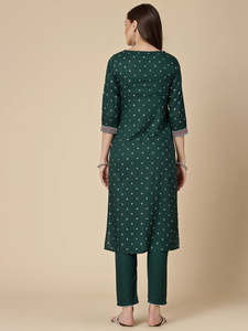Kurta de verano para mujer, de viscosa y rayón, con estampado étnico verde, cuello con lazo, corte regular, con pantalones, a precio de mayoreo. - Product Image 2