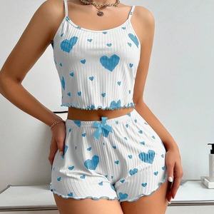 Venta caliente de las señoras Homewear Heart Printing Suspender Shorts Casual Sunken Stripe Prendas de abrigo Pijamas de mujer - Product Image 3