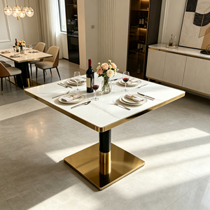 Table à manger carrée moderne avec plateau en pierre frittée et bordure dorée, piétement en métal noir et or pour usage domestique et commercial - Product Image 3