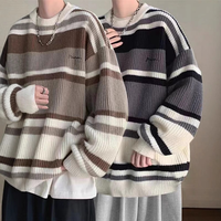 Pull en tricot rayé personnalisé avec logo pour homme, col rond, blocs de couleur, doux, chaud, épais, hiver, vente en gros, OEM, ODM, usine