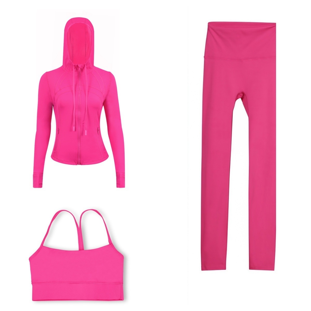 (In Stock) Breathable Solid Cropped Pants Hooded Jacket Y Back Bra Three-Piece Set Fitness Yoga Sports Suit Naked Feeling