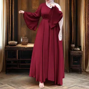 YWQS Women's Fashion Elegant Long Abaya Solid Color Flared Sleeve Sun Cluster Breathable Robe for Adults abaya turquie