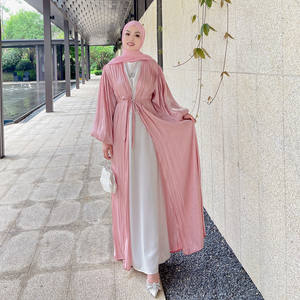 Loriya femmes à la mode avant ouvert Abaya modeste robe longue avec maille brillante Polyester manches régulières solide islamique a-ligne - Product Image 3