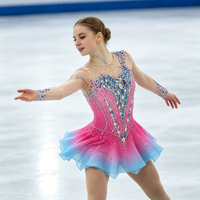 Robe de patinage et de danse pour enfants et adultes, dégradé rose et bleu, manches longues en maille, dos incurvé avec strass, pour compétition et spectacle de patinage sur glace