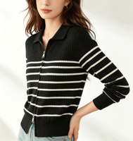 Cardigan zippé en tricot rayé pour femme, col polo côtelé, manches longues, coupe ajustée, pull extérieur