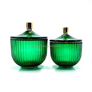 wholesale Christmas green festival wax container ribbed textured Candle Glass Jar candle containers with lids glass