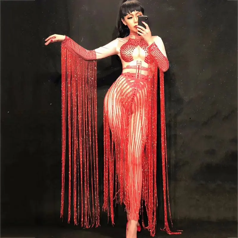Party Women Long Red Tassel Skirt Red Glass Sparkling Crystals Nightclub Party Clothing Stage Wear Singer Dancer Costume