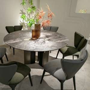 Ensemble <span class=keywords><strong>de</strong></span> meubles <span class=keywords><strong>de</strong></span> salle à manger <span class=keywords><strong>de</strong></span> luxe moderne - <span class=keywords><strong>Table</strong></span> ronde avec plateau en pierre frittée et pieds en marbre avec plus <span class=keywords><strong>de</strong></span> 10 chaises - Product Image 1