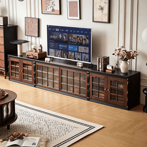 Meuble TV vintage en bois massif avec portes en verre, console multimédia rétro pour salon - Product Image 3