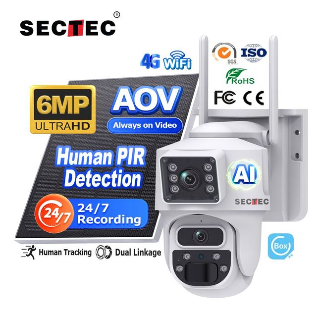 SECTEC AOV 3K 6MP Dual Lens Dual View PTZ Human Tracking 24/7 Recording Cctv Camera Floodlight Color Night Vision Solar Camera