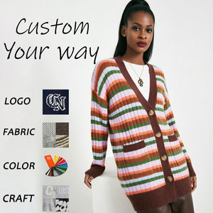 Cozy Rainbow Striped Cardigan Brown Contrast Trim V-Neck Button up Sweater Slouchy <strong>Longline</strong> Knit <strong>Jumper</strong> for Women Retro Style - Product Image 1