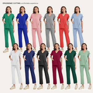 Women V Neck Scrub Set Moisture Wicking Knitted Split Uniform Hospital Workwear Short Sleeve Two Piece Uniforms - Product Image 5
