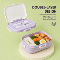Boîte à lunch bento en plastique pour enfants, dessin animé, 1 à 2 L, avec compartiments alimentaires, cuillère, fourchette, fermetures sécurisées sur les quatre côtés, compatible micro-ondes