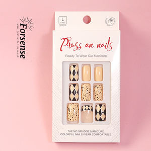 Vente en gros ongles à pression carrés moyens fourniture en vrac ongles artificiels <span class=keywords><strong>beige</strong></span> jaune bouts design chic imprimé vache <span class=keywords><strong>faux</strong></span> ongles avec de la colle - Product Image 3