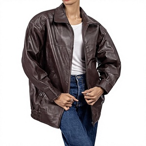 Chaqueta Bomber de Cuero PU para Mujer, Manga Larga, Cuello Camisero, Cierre de Cremallera, Estilo Otoñal para Exteriores, Color Sólido, Frente Tejido - Product Image 1
