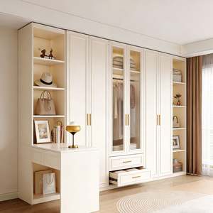 White Six Door Lacquer <b>Wardrobe</b> With Glass Doors Open <b>Shelves</b> and Extended Side Table Custom Bedroom <b>Storage</b> System - Product Image 3
