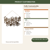 Support mural hexagonal en bois alvéolé pour boucles d'oreilles, organisateur de bijoux découpé au laser, vente en gros OEM, présentoir de rangement pour bijoux