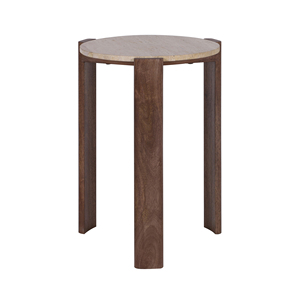 Tavolino Rotondo con Piano in Travertino e Base a Treppiede in Legno per Arredamento Domestico in Spazi Ristretti - Product Image 1