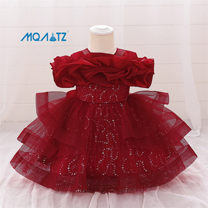 MQATZ Abito Vintage per <span class=keywords><strong>Cerimonia</strong></span> di Dedicazione del Bambino, Vestito Bordeaux con Volant, Elegante Abito Senza Maniche per Cerimonie Speciali AL190XZ - Product Image 1