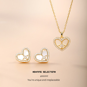Heart Shaped Seashell Pendant Necklace With Zircon Inlay <b>Copper</b> Alloy Gift Jewelry Set - Product Image 4