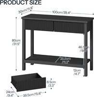 Table console moderne à poignée étroite et sans poignée, noire, à nervures, avec 2 tiroirs, étagère ouverte, table d'entrée, table de canapé
